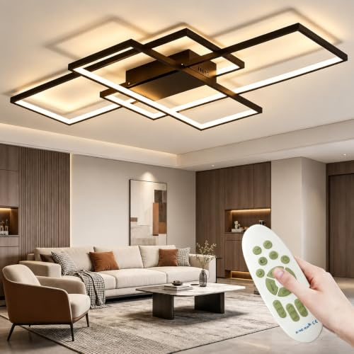 ACJK LED Deckenleuchte Wohnzimmer 82W 8200 lm, Dimmbar 3000K–6000K mit Fernbedienung, Moderne Geometrische Deckenlampe 105 cm, Schwarz