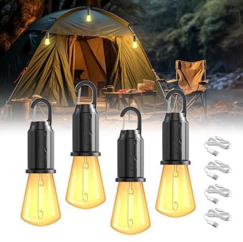 BrightWish Lampe de Camping Rechargeable LED, Lanterne Portable IP65, 3 Modes de Luminosité, Idéale pour Camping, Randonnée, Urgence, Lumière Chaude, Batterie Intégrée, 4 Pièces