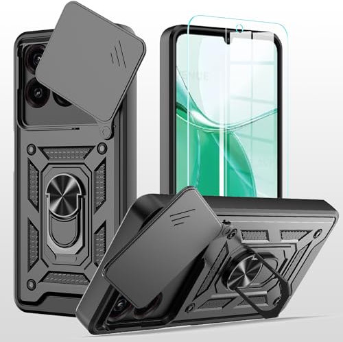 hülle für ZTE Blade A35 / ZTE Blade A55 Handyhülle Kameraschutz Slide Camera mit 1 Stück Panzer Schutz Glas, 360 Grad Drehbar Metall Ring Fallschutz Handy Hüllen Outdoor Schutzhülle Cover Schwarz