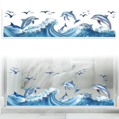 Peacoblue Fensterbilder Selbstklebend 120cm x 30cm, 1 Blatt Wellen und Delfine Dekorativer, Abnehmbarer Fensteraufkleber für Zuhause, Büro, Glasfensterdekoration