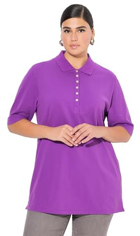 Ulla Popken Damen große Größen Übergrößen Plus Size Poloshirt, Piqué, Polokragen, Samt-Knopfleiste, Halbarm lila 50+ 637297824-50+