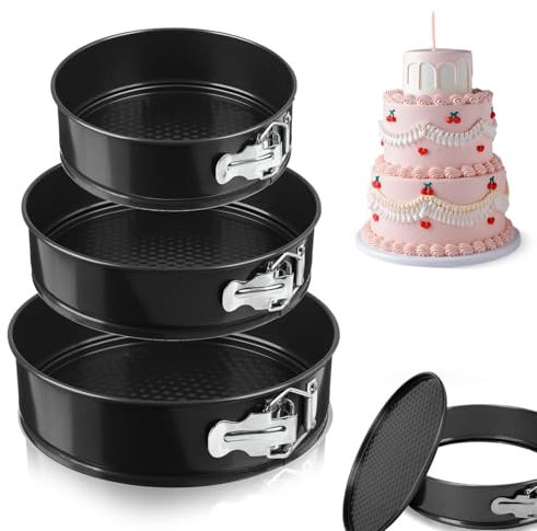 LZYDKH 3 Pcs Springform Cake Tins, Heavy Duty Round Cake Pan Double Layer Non-Stick Coating Removable Base Cake Tin Set Carbon Steel for Baking Roasting Serving Birthday Wedding (20cm 22cm 24cm)