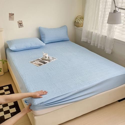 Lirzxin Bettlaken Boxspringbett 220x200 cm, Spannbettlaken Doppelbett Baumwolle Einfarbig Streifen Struktur Boxspringbetten Laken Sommer Weich, Atmungsaktiv Maschinenwaschbar, Hellblau