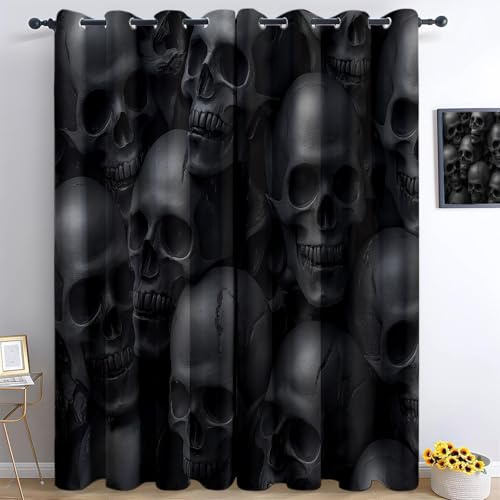 Verdunkelungsvorhänge Schwarz, Gothic Totenkopf Blickdichte Thermogardinen mit Ösen 2er Set 215 x 110 cm Wärmeisolierte Gardinen für Wohnzimmer Raumverdunkelung