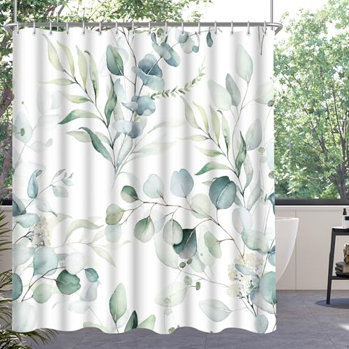 Lerores Duschvorhang 150x180 cm Blatt,Beschwerter Saum Antischimmel Textil,Wasserabweisend,Waschbar Polyester Badevorhänge mit 12 Ösen und Duschvorhangringen für Badezimmer,Badewanne