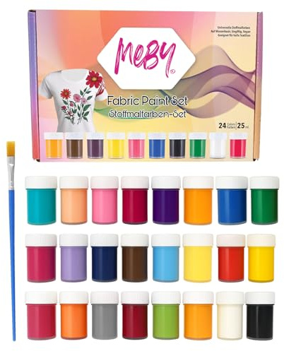 MEBY Textilfarben für helle Textilien (24 Farben x 25 ml) | Stofffarben-Set mit Pinsel. Waschfest nach Fixierung. Geeignet für T-Shirts, Taschen und viele helle Stoffe