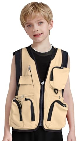 Kaerm Chaleco de pesca para niños y jóvenes, ligero, transpirable, con varios bolsillos, para tiempo libre, camping, caza, pesca, sin mangas, chaqueta de pesca, caqui, 128-152