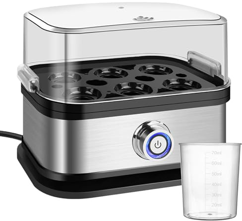 Eierkocher Edelstahl, 6 Eier Kapazität, für weich, mittel und hart gekocht, mit automatischer Abschaltung, herausnehmbarem Tablett, mit Wasserbecher, platzsparender Eierkocher für zu Hause, Küche