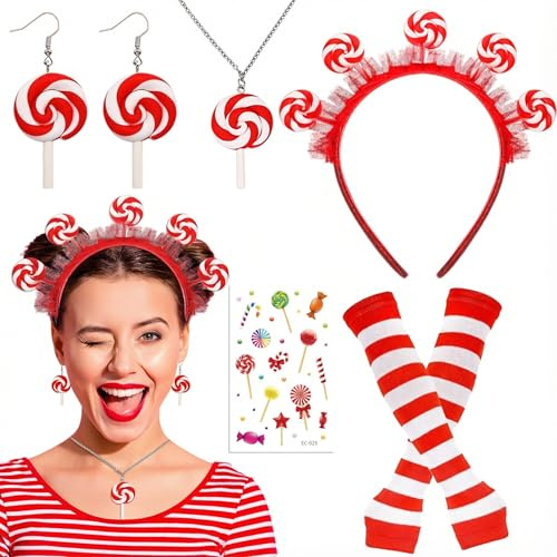 Sunwuun Lollipop Kostüm Damen Set,Candy Kostüm Damen mit Rot Gestreifte Handschuhe,Candy Lollipop Haarreif Ohrringe Halskette und Face Tattoo,Faschingskostüme Zubehör