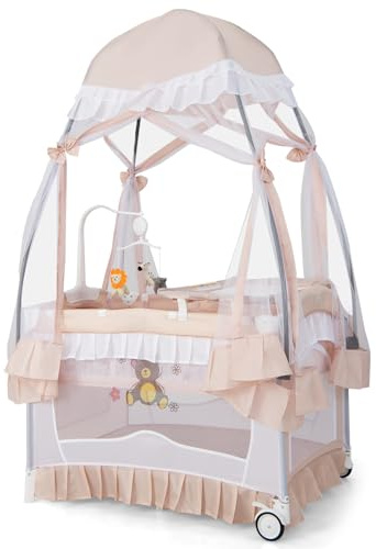 DREAMADE 5 in 1 Reisebett Baby mit Matratze & Baldachin, Babybett Faltbar mit Rollen, Wickeltisch & Laufstall, Beistellbett Baby mit Musikbox & Hängespielzeug, für Neugeborene 0-36 Monate (Rosa)