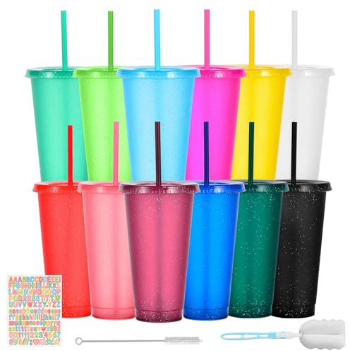 HJLIKE 12 Pack 710ml Reusable Plastic Cups with Lid Straws Letter Stickers and Cleaning Brushes, Glitter Water Cold Coffee Tumber for Birthday Hen Do Party Travel Beverages Drinking