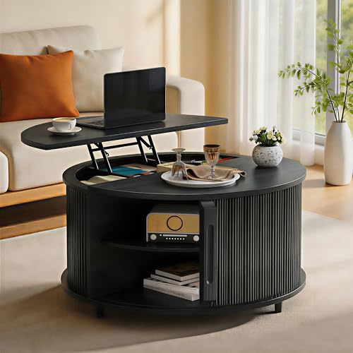 Gryalzes Lift Top Coffee Table,80cm Fluted Wood Center Table,4-in-1 Modern Wood Circle Table with Hidden Storage and Open Shelves,Sliding Door,for Living Room/Reception,Black