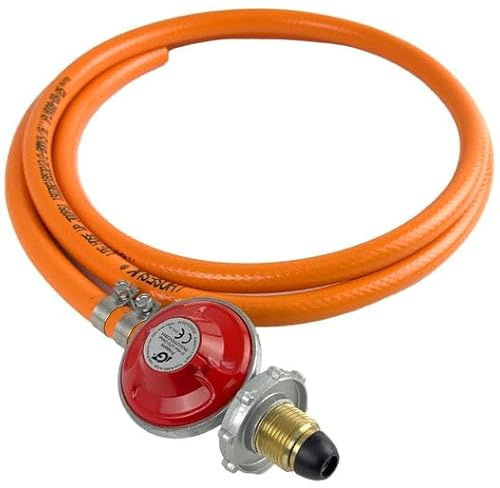 Propane Regulator (Red) Hand Wheel 37mbar + 8mm LPG Gas Hose + Clips 10 Metre Fits Calor Gas & Flogas Screw in Cylinders