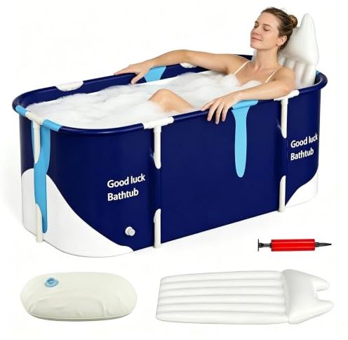 Baignoire Pliable pour Adultes, Tissu Oxford 5 Couches Isolant Chaleur avec Structure, Coussins Siège & Dossier, Double Vidange pour Petites Salles de Bain