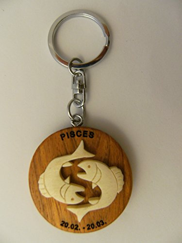 Schlüsselanhänger Fische aus Holz und Metall, Sternzeichen Horoskop Tierkreiszeichen