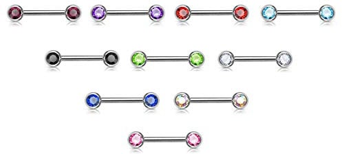 Paula & Fritz® Brustwarzen-piercing 16mm lang Brustpiercing Intimpiercing Nippelpiercing Hantel Barbell Zirkonia 10 Farben BS32-1416-10er
