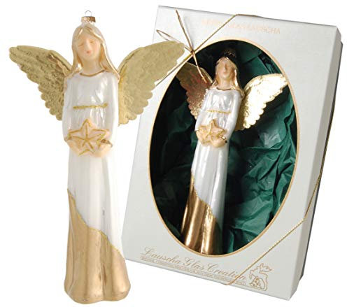 Dekohelden24 Original LAUSCHAER Christbaumschmuck - Engel in Gold, mundgeblasen und aufwendig handdekoriert, ca. 20 cm.