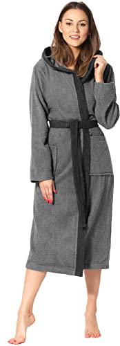 Ladeheid Damen Frottee Bademantel aus 100% Baumwolle LA40-191 (Dunkelgrau-12/Schwarz-30, XL)