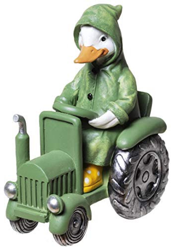 Aspinaworld Gartenfigur, Enten Figur mit Regenmantel auf Traktor, Figur für den Garten, wetterfeste Deko