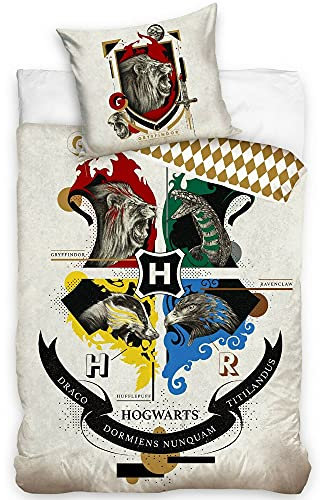 BERONAGE Harry Potter Wende-Bettwäsche Houses 135 x 200 + 80 x 80 cm 100% Baumwolle Renforcé-Linon-Qualität HP Slytherin Gryffindor Hufflepuff Ravenclaw Hogwarts mit Reißverschluss deutsche Größe 147