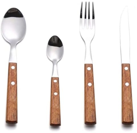 Besteck-Set aus 18/8 Edelstahl, mit Holzgriff, 16-teilig | 18/8 Edelstahl, Besteck-Set mit Holzgriff, 4 Sets Gabeln und Löffeln