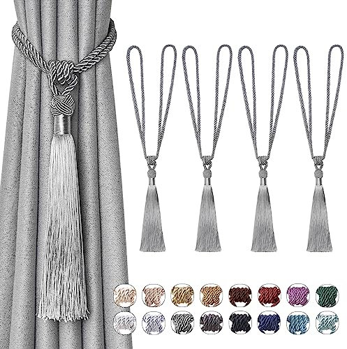 Pretty Jolly Langen Quasten Vorhang-Raffhalter Handmade geflochtene Seil Knoten drapierte Raffhalter Elegante dekorative Vorhanghalter für Zuhause und Büro, Grau, 4 Stück