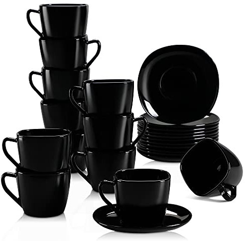 MALACASA, Serie Dennis, 24 teiligen Set Opalglas porzellanartiges Kaffeeservice Kaffeetasse Teeservice, 240ml Tassen mit 5,5 Zoll Untertassen je 12 Stück für 12 Personen Schwarz