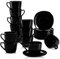 MALACASA, Serie Dennis, 24 teiligen Set Opalglas porzellanartiges Kaffeeservice Kaffeetasse Teeservice, 240ml Tassen mit 5,5 Zoll Untertassen je 12 Stück für 12 Personen Schwarz
