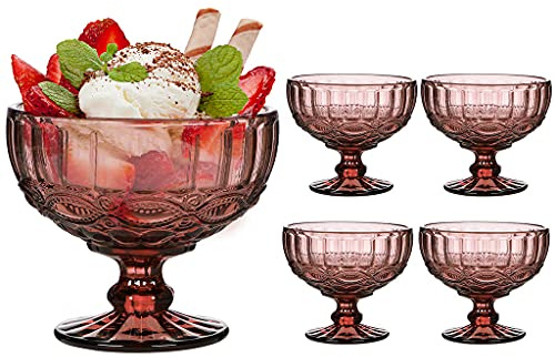 Dibor Glass Dessert Bowl Set of Embossed 300ml Footed Sundae Glass Dessert Cup Dishes (4, Pink)