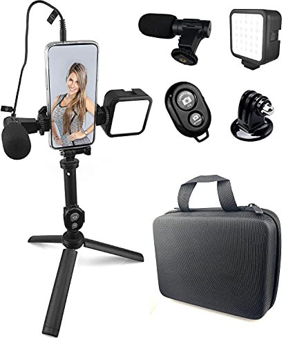 Acuvar Smartphone Video Vlogging Kit with LED Light, Phone Holder, Mic, Selfie Stick Tripod, Carrying Case, YouTube Starter Kit for Phone Content Creator Kit for Video Recording Vlogging