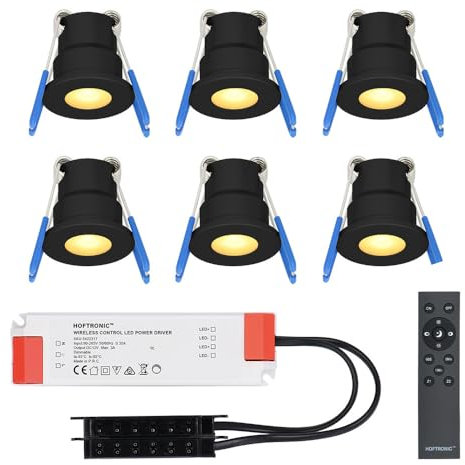HOFTRONIC - Einbaustrahler Schwarz Feuchtraum Badezimmer 12V Terrassenüberdachung IP65 Wasserdicht | 6x3W 200 Lumen Warmweiß lichtfarbe Dimmbar RF-Fernbedienung. 3W Mini LED Einbaustrahler Flach 35mm