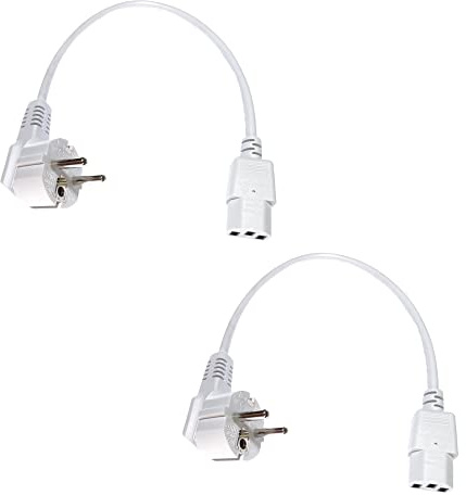 Doppelpack shortix kurzes Netzkabel (Stromkabel mit gewinkeltem Schutzkontaktstecker Typ E+F auf gerade Kaltgerätebuchse). weiß. 40cm.