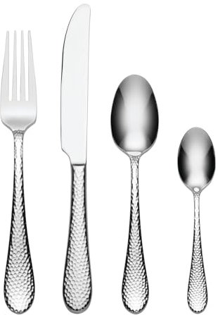 Oneida Tibet 24 Piece Cutlery Set - Stainless Steel Cutlery Set for 6 with Hammered Finish, Heavy Weight Rust Resistant & Dishwasher Safe Artisan Flatware, Silver