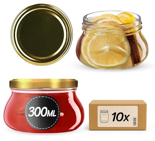 KADAX Glass Jars 300 ml, Small Preserving Jars with Metal Lids for Homemade Jam and Honey, Jars for Storing Spices and Herbs (Gold Lids, Set of 10)