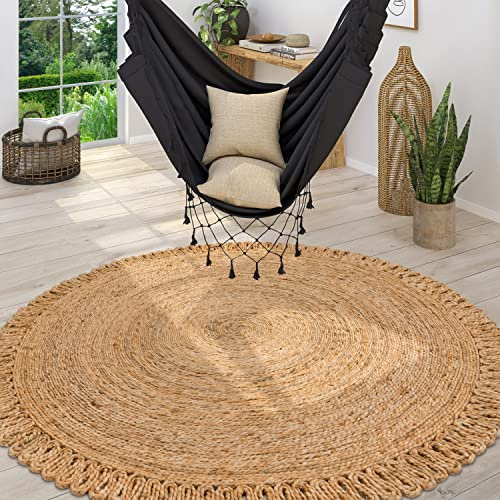 Paco Home Teppich Rund Wohnzimmer Jute Boho Ethno Muster Modern Handgefertigt Naturteppich, Grösse:80 cm Rund, Farbe:Natur 4