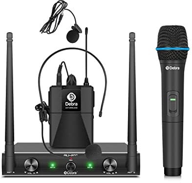D Debra Audio AU200 Pro UHF 2 Canali Wireless Microfono Sistema con Cordless Handheld Lavalier Headset Microfi, Ricevitore in metallo, Ideale per Karaoke Chiesa Party (1 Palmare e 1 Bodypack)