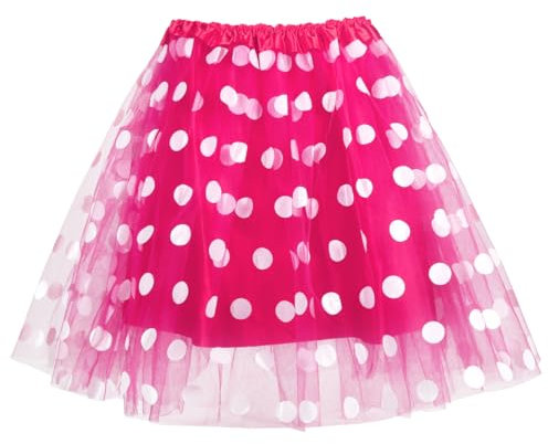 Tüllrock Damen, 45cm Damen Tutu Reifrock, Tütü Mädchen, Pink mit weiß Gepunktet Unterrock Petticoat, Dehnbaren Teenager Ballett Tanzen Dress, Frauen Rock für Halloween Karneval Motto Party C15