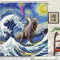 Xguatan Lustiger Katzen-Duschvorhang, coole Dinosaurier-Katze im japanischen Kanagawa-Wellen, Duschvorhang für Badezimmer, blauer Ozean-Stoff, lustiges Anime-Duschvorhang-Set mit 12 Haken, 178x178 cm