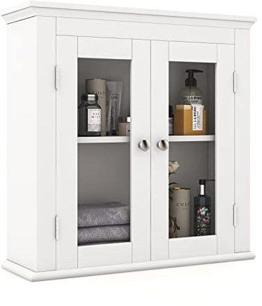 COSTWAY Bathroom Mirror Cabinet, Wall Mounted Storage Cupboard with Double Tempered Glass Door & Adjustable Shelf, Wooden Medicine Cabinet Organizer Unit for Bathroom, Kitchen and Hallway, White