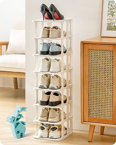 Baffect Schuhregal Schmal, Flexibel Kombinierbare Schuhaufbewahrungs-Organizer, Kunststoff-Schuhständer mit 8 Paar Kapazität für Kleiderschränke, Schränke, Eingänge (Weiß)