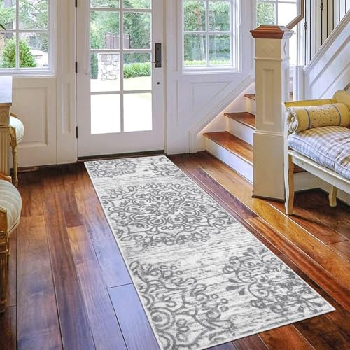 SHACOS Boho Teppich Läufer Flur rutschfest 60x180 cm Grau Flurläufer Küchenteppich Waschbar Vintage Teppichläufer für Flur, Küche, Schlafzimmer, Wohnzimmer