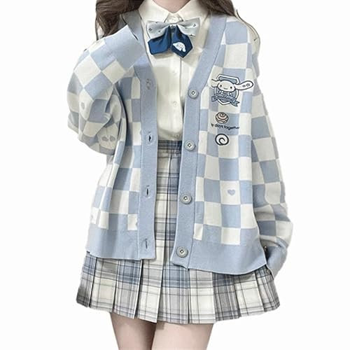 Kawaii Pullover Anime Plaid Cardigan Pullover Cardigan für Frauen Cosplay Kostüm V-Ausschnitt Langarm, Blau, Groß