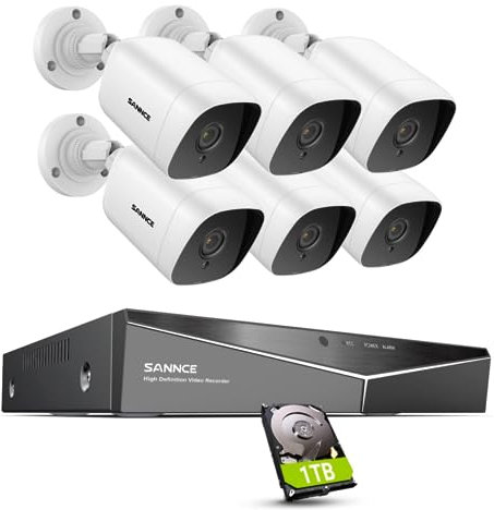 SANNCE CCTV-Kamerasystem 1080P Digitaler Videorekorder 5 in 1 DVR kompatibel mit analogen IP-Kameras TVI AHD CVBS 6 Sicherheitskamera IP66 für den Außenbereich Festplatte 1TB
