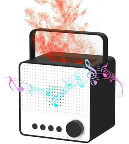 Schnurlos Flamme Aroma Diffuser mit Bluetooth Lautsprecher und weißem Rauschen, 120ml Duftöl Diffuser, 4000mAh USB Wiederaufladbar, Kalter Nebel Flamme Effekt, 7 Farben LED, 3 Timer, Auto-Off, Leise