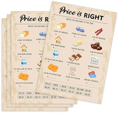 QUPT 90th Birthday Party Games, Price is Right Games, Birthday Party Supplies for Adults, Fun 1935s Party Game，Pack of 30 Cards