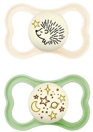 MAM Supreme Night Schnuller im 2er-Set, leuchtender Babyschnuller für eine gesunde Zahn- und Kieferentwicklung, beugt Hautreizungen vor, mit Schnullerbox, 16+ Monate, Igel/Universum