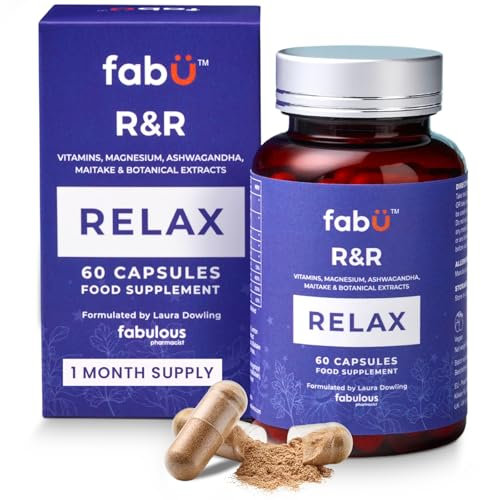 fabÜ R&R Relax - Supplement with Ashwagandha Capsules & Magnesium for Relaxation - Botanical Blend with B Vitamins, Lemon Balm & Chamomile for Stress Relief & Sleep Support - 60 Capsules