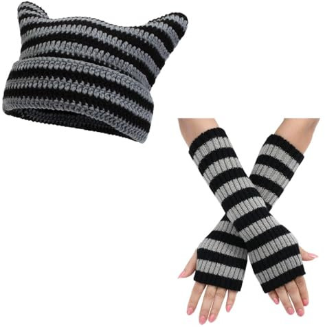 Lafaguw Häkelmützen für Damen und Mädchen, niedlich, gestrickt, gestreift, Armstulpen, Beinstulpen, 80er-Jahre-Emo-Szenen-Zubehör, Grau, Schwarz 3, Einheitsgröße
