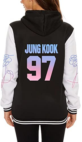 Dolpind Kpop Varsity Baseballjacke Love Yourself V Jimin Suga Jungkook Hoodie Sweater, JUNG KOOK Schwarz, S