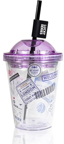 1st Heaven Gobelet avec Paille, Gobelet Plastique Réutilisable, Eco Cup Transparent, Gobelet Élégant, Paroi Double, Sans BPA, Verre à Boisson Froide (Violet, 380 ml)